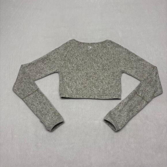 Gymshark Fleur Texture Long Sleeve Crop Keyhole Top XS Khaki Marl Thumbholes - Picture 3 of 9